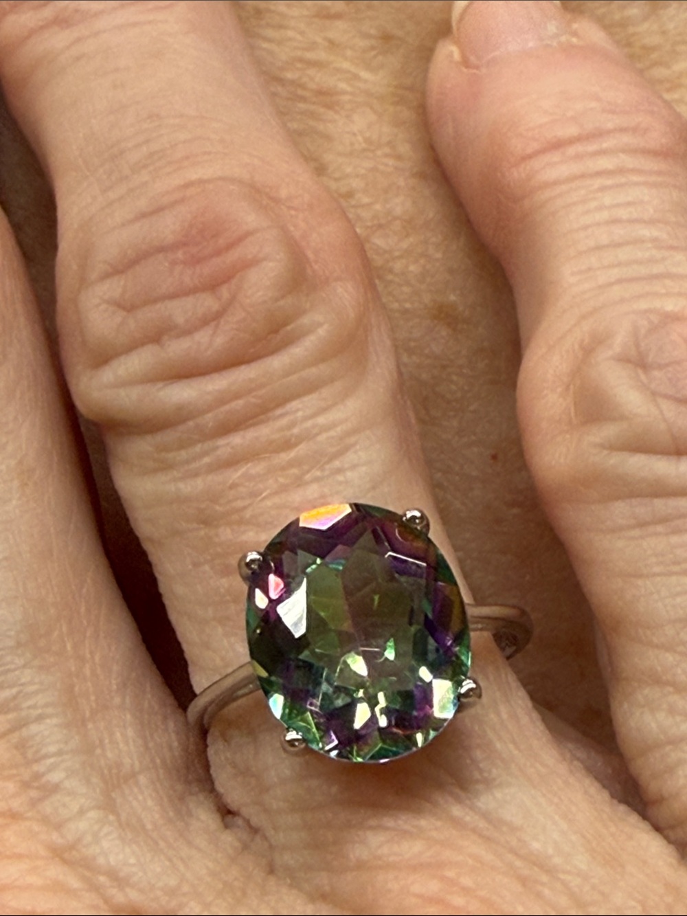 3 CT Mystic Topaz Oval Halo Ring — Iridescent Green-Purple 925 Sterling Silver
